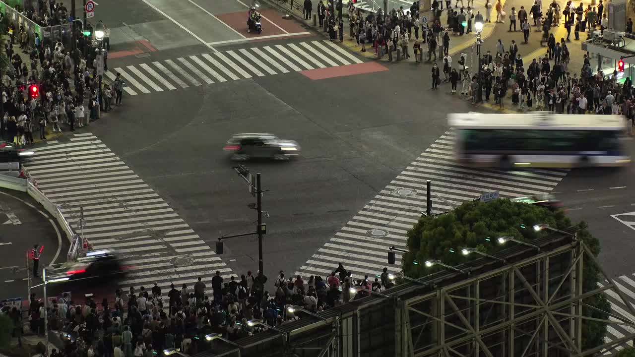 东京，日本:夜间涩谷十字路口的航拍延时图。视频素材