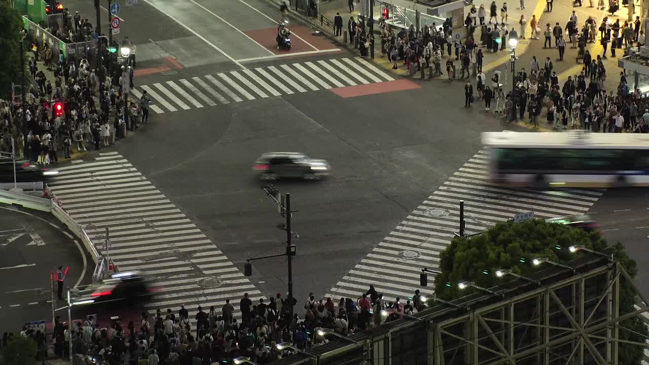 东京，日本:夜间涩谷十字路口的航拍延时图。视频素材