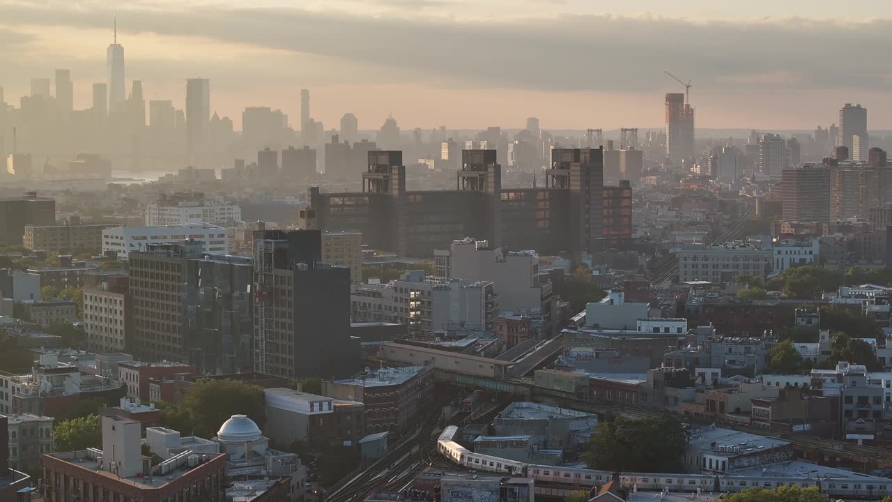 航拍-纽约市天际线-日落视频素材