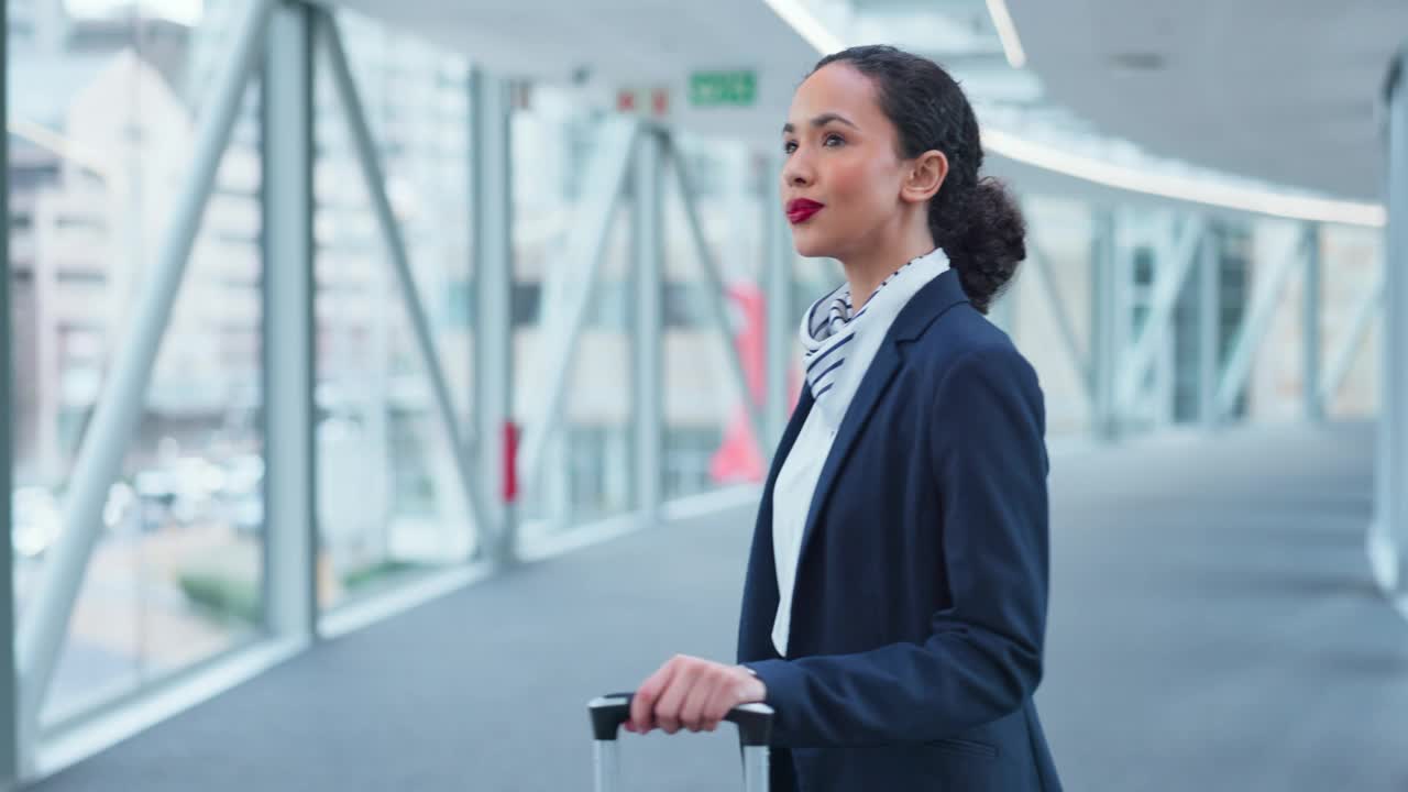 机场，行李箱和一位女空乘在等待国际旅行或事业时的思考。在一个候机楼的桥上，一个年轻的空姐带着微笑、想法和行李视频素材