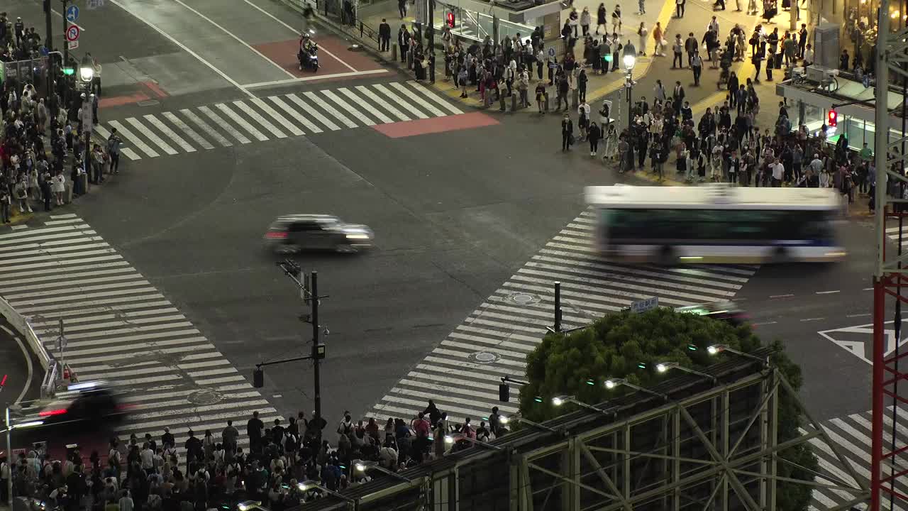 东京，日本:夜间涩谷十字路口的航拍延时图。视频素材