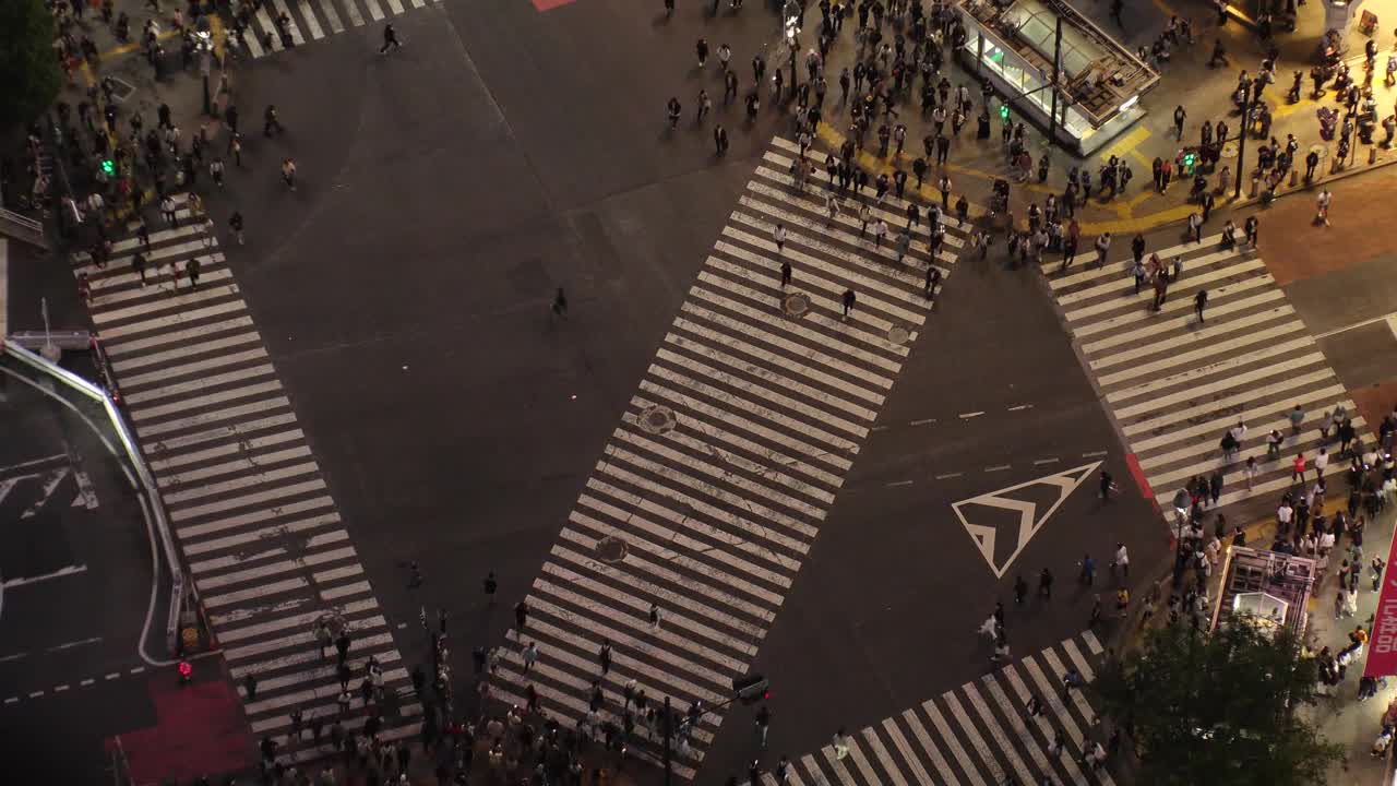 东京，日本:夜间涩谷十字路口的航拍延时图。视频素材