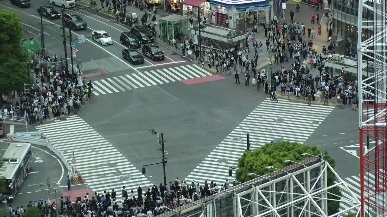 涩谷，东京，日本:从高空俯瞰涩谷十字路口。视频素材