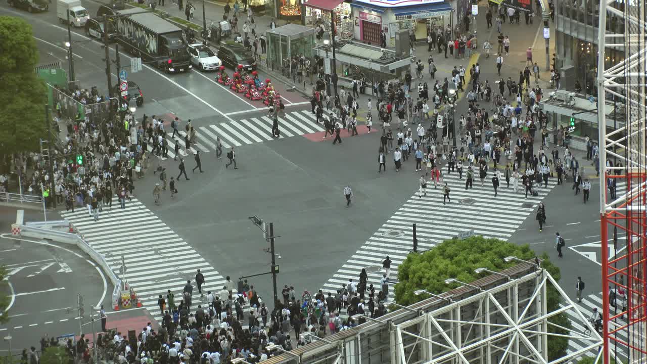 涩谷，东京，日本:从高空俯瞰涩谷十字路口。视频素材