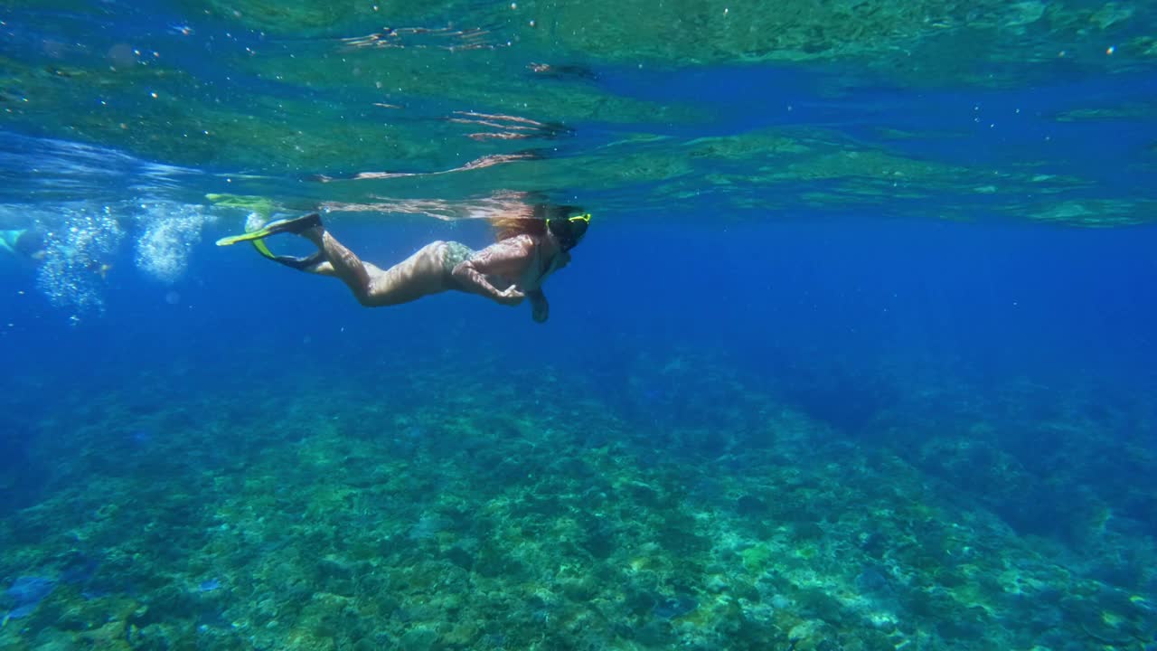 女子在蓝色的海水下浮潜游泳。和女孩一起在海水里自由潜水。在深海中浮潜和潜水。浅水中的海洋生物。在珊瑚礁附近游泳的人慢动作4k视频素材