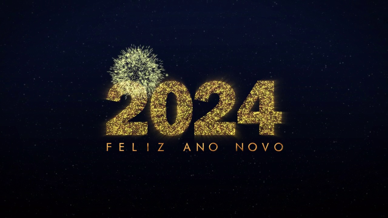 Feliz ano novo 2024。祝2024年葡萄牙人新年快乐。闪闪发光的动画字母和数字在深蓝色的背景。横向金色烟花。视频素材