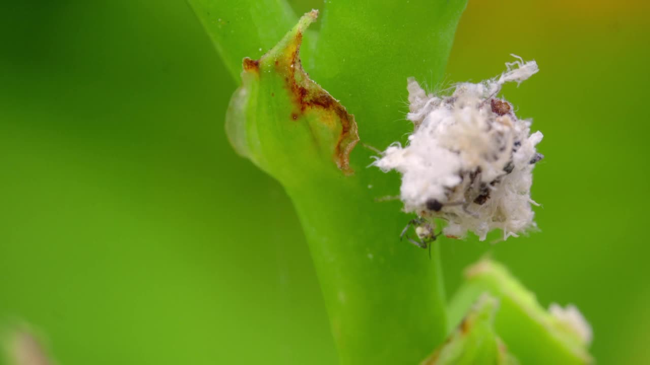 草蛉(神经翅目)幼虫伪装成虫体攻击蚜虫/京畿道，韩国视频素材