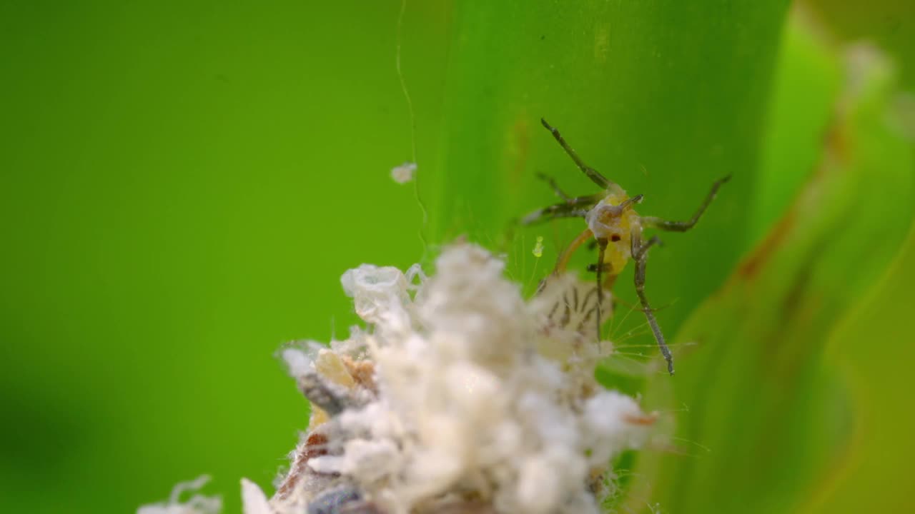 草蛉(神经翅目)幼虫伪装成虫体攻击蚜虫/京畿道，韩国视频素材