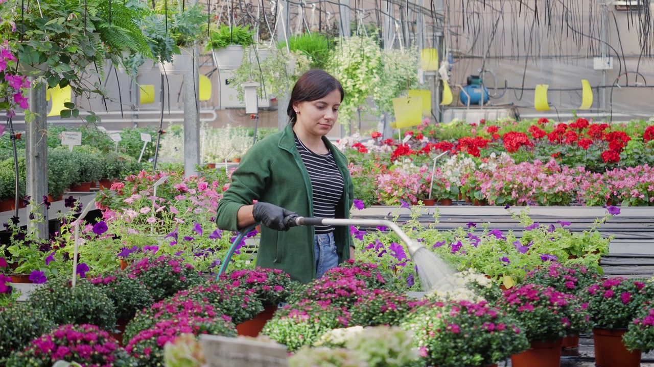 漂亮女人园丁花师照顾各种花卉植物，专业浇灌和喷洒温室花卉，园艺概念视频素材