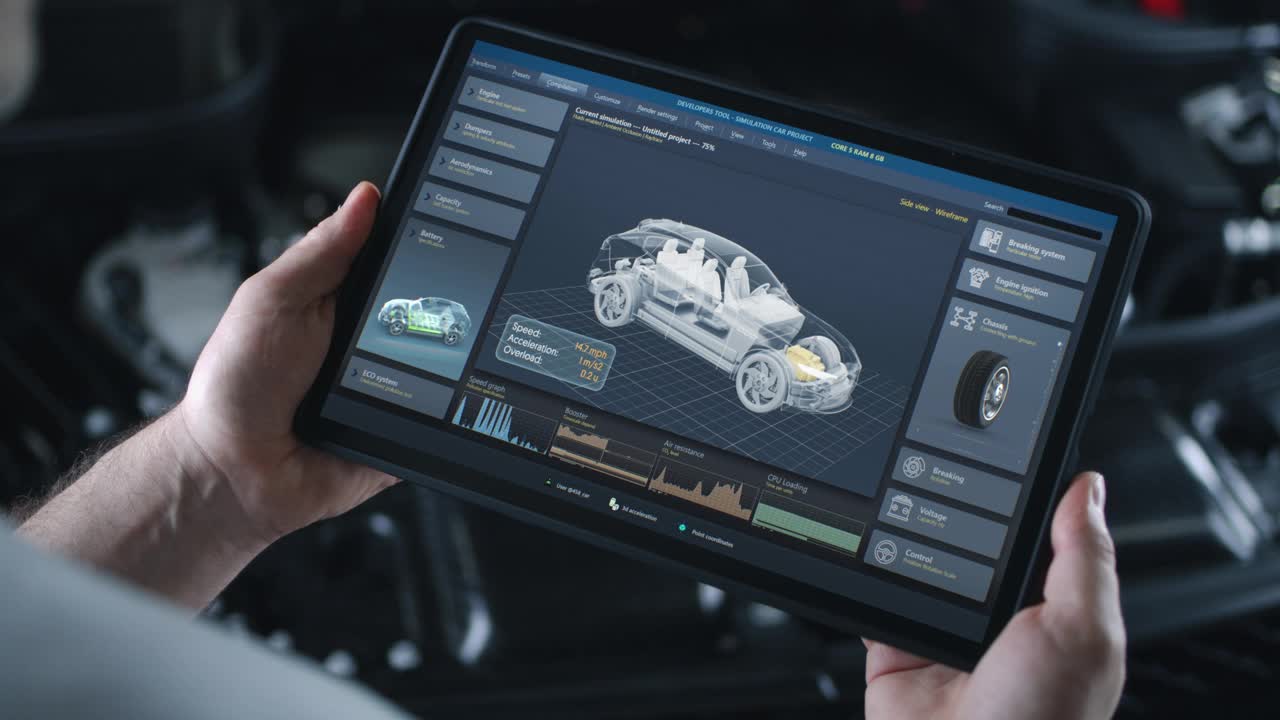 男技师手持模拟汽车诊断和空气动力学的平板电脑视频素材
