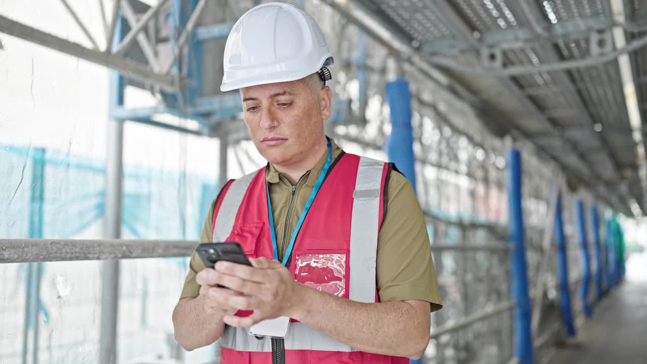 年轻的白人建筑师在建筑工地使用智能手机视频素材