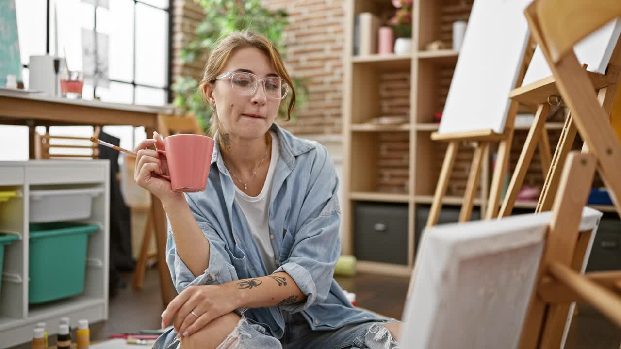 在艺术工作室里，年轻的女艺术家拿着一杯咖啡看着画画视频素材