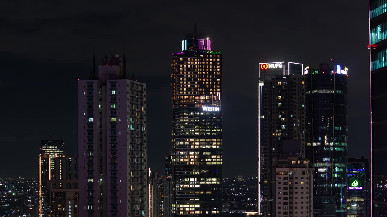 夜间照明雅加达市中心摩天大楼屋顶全景4k延时印度尼西亚视频素材