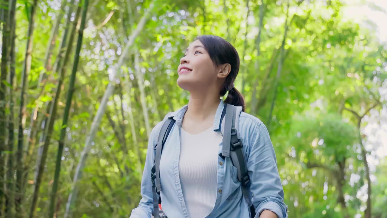 在山上徒步旅行的亚洲妇女视频素材