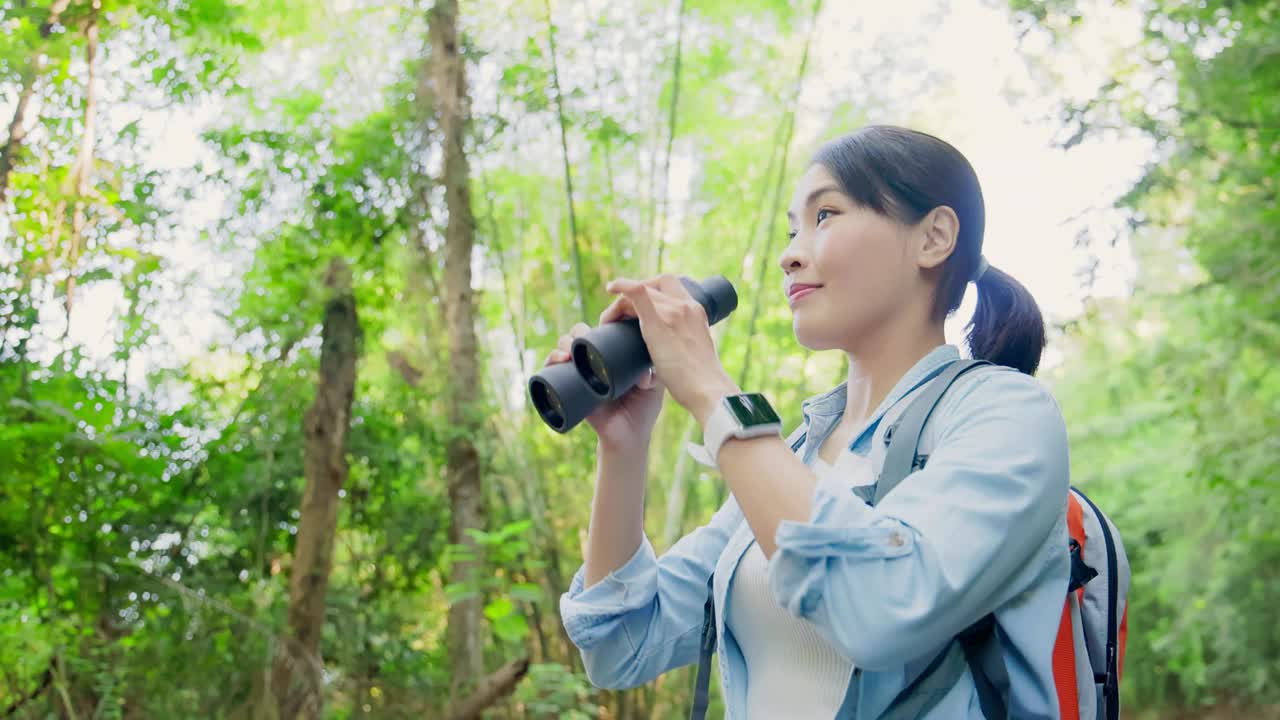 在山上徒步旅行的亚洲妇女视频素材