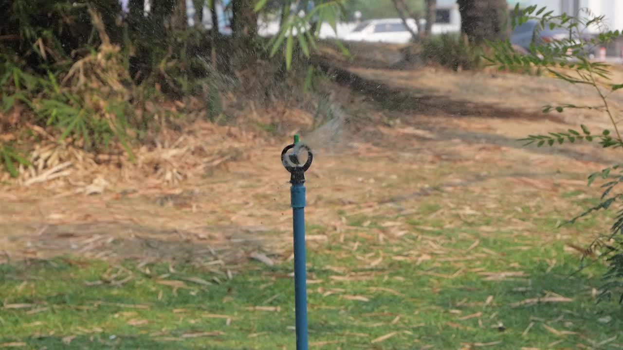 (特写)洒水器正在给花园里的植物浇水。视频素材