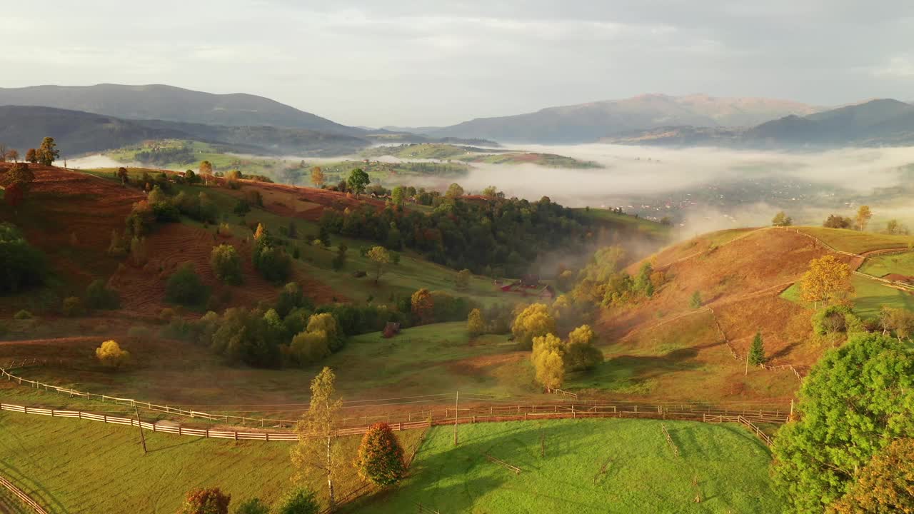 清晨的乡村景色，鸟瞰清新的雾气。视频下载