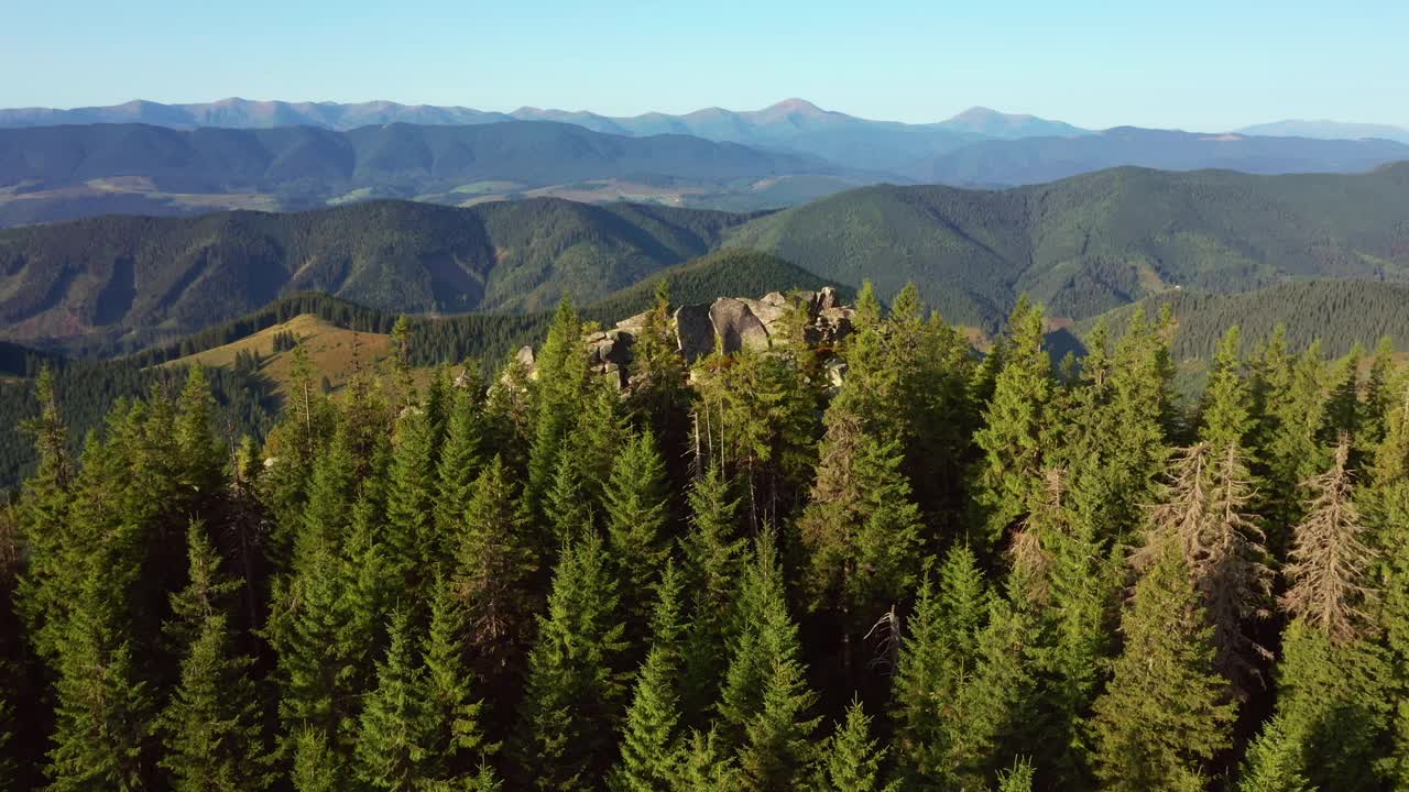 神奇的空中镜头，山岩与针叶林。视频下载