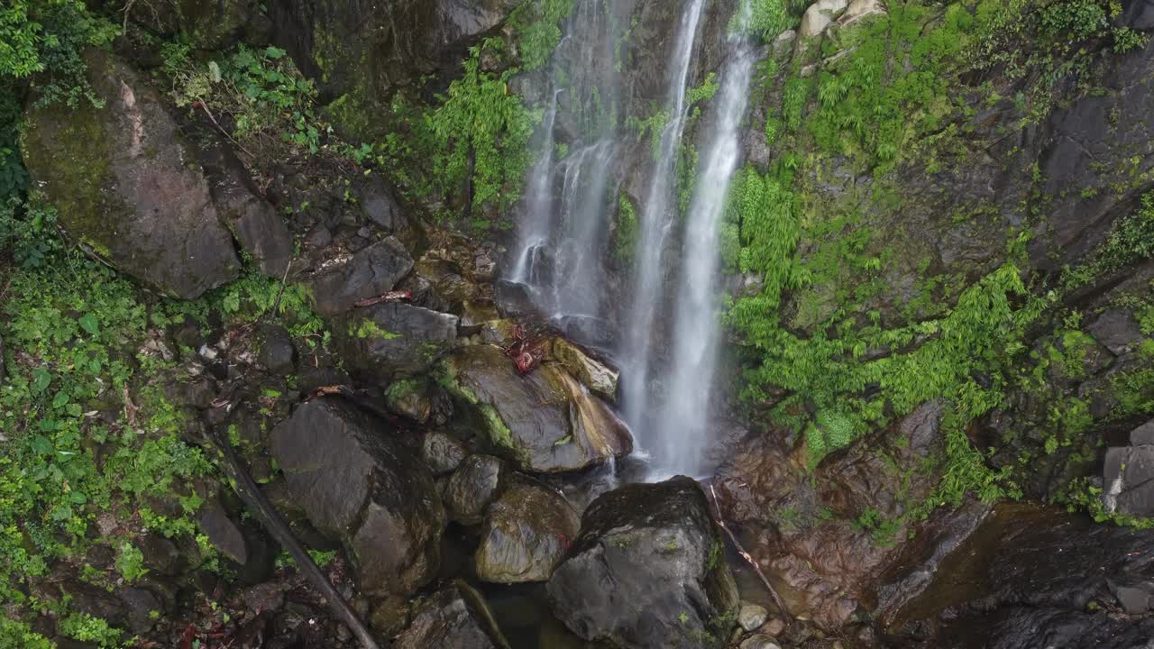 潮湿，郁郁葱葱的绿色基地，纤细的瀑布在洪都拉斯丛林视频素材