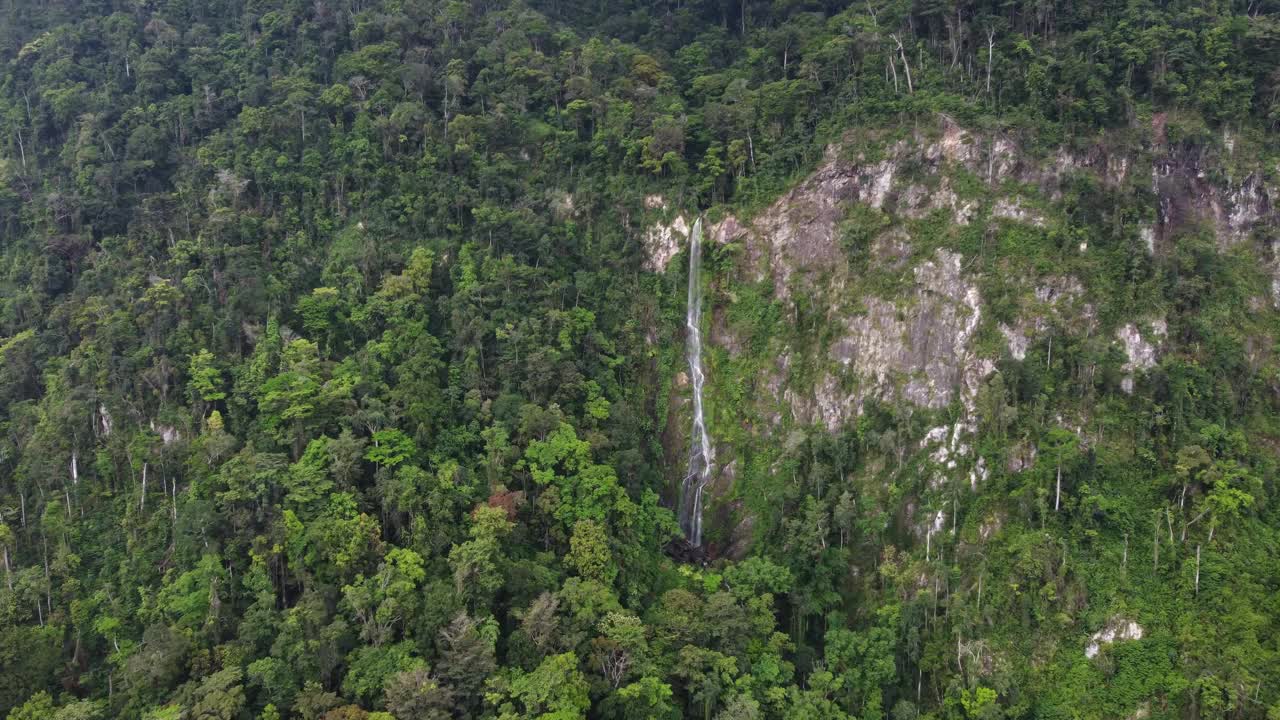 空中接近洪都拉斯野生山区高大的藤蔓般的瀑布视频素材