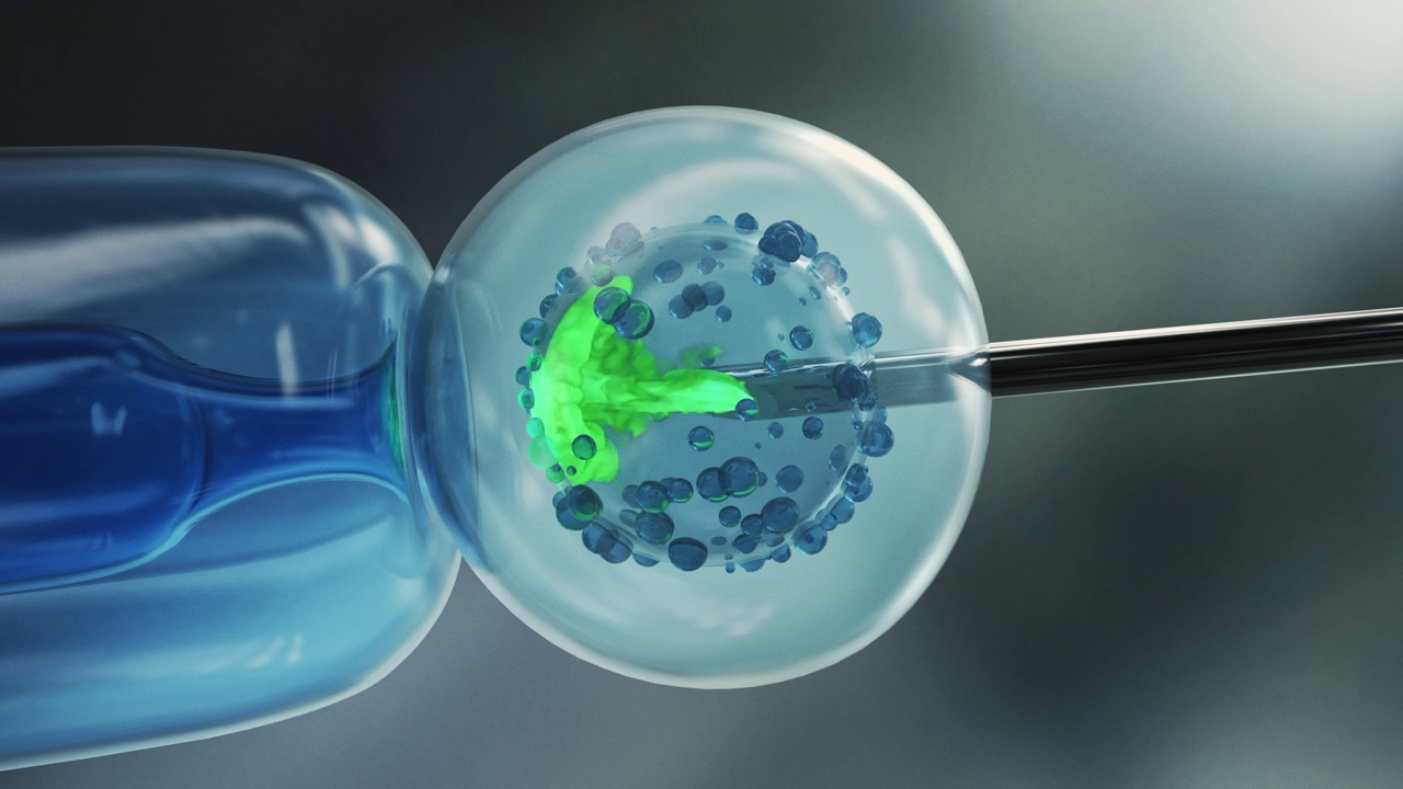 针头将生物材料通过膜插入细胞。干细胞注射的医学电影宏3d动画。视频素材