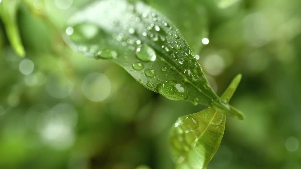 超级慢动作的雨滴特写。雨水滴落在植物的绿叶上。视频素材