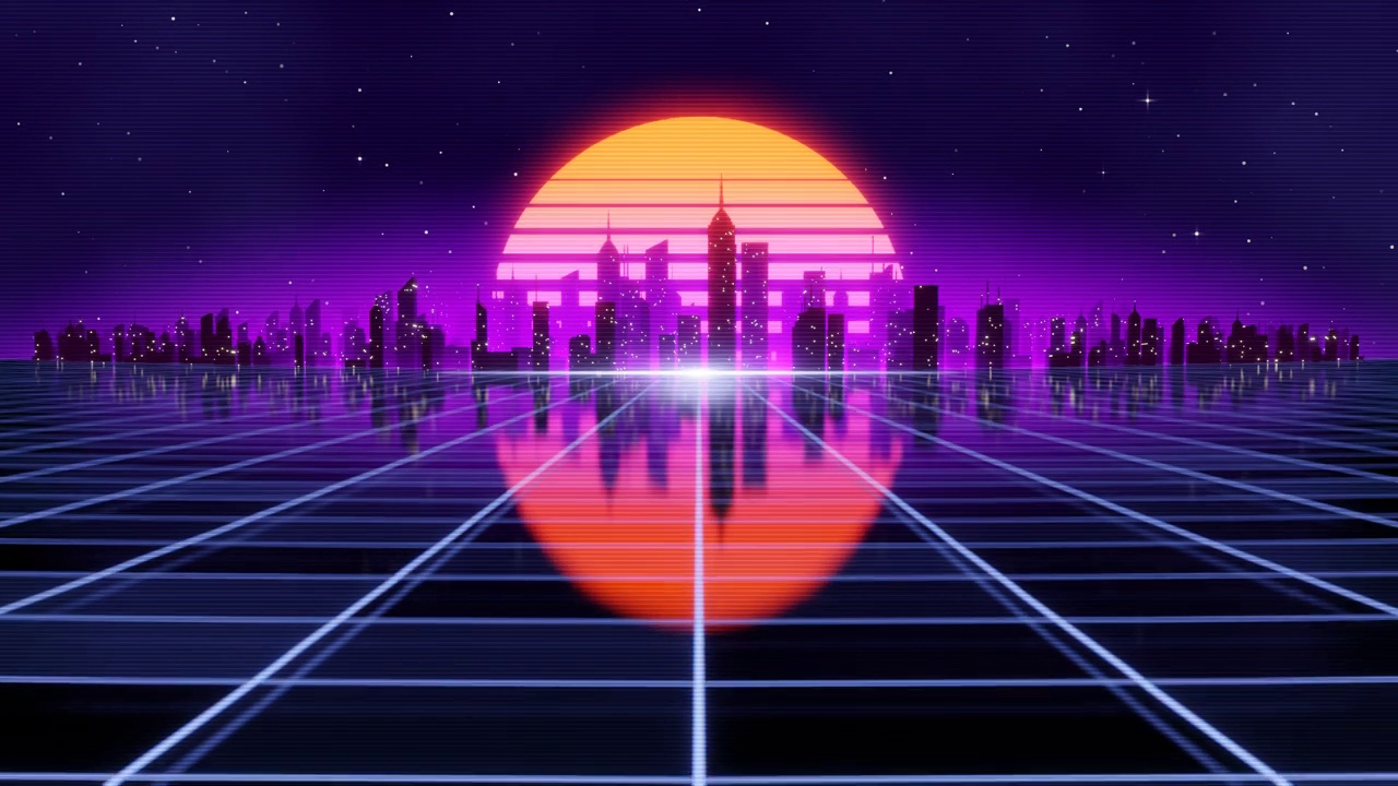 复古未来的80年代风格的循环动画与夜晚的城市背景。Synthwave无缝循环赛博朋克城市景观的音乐视频。视频素材