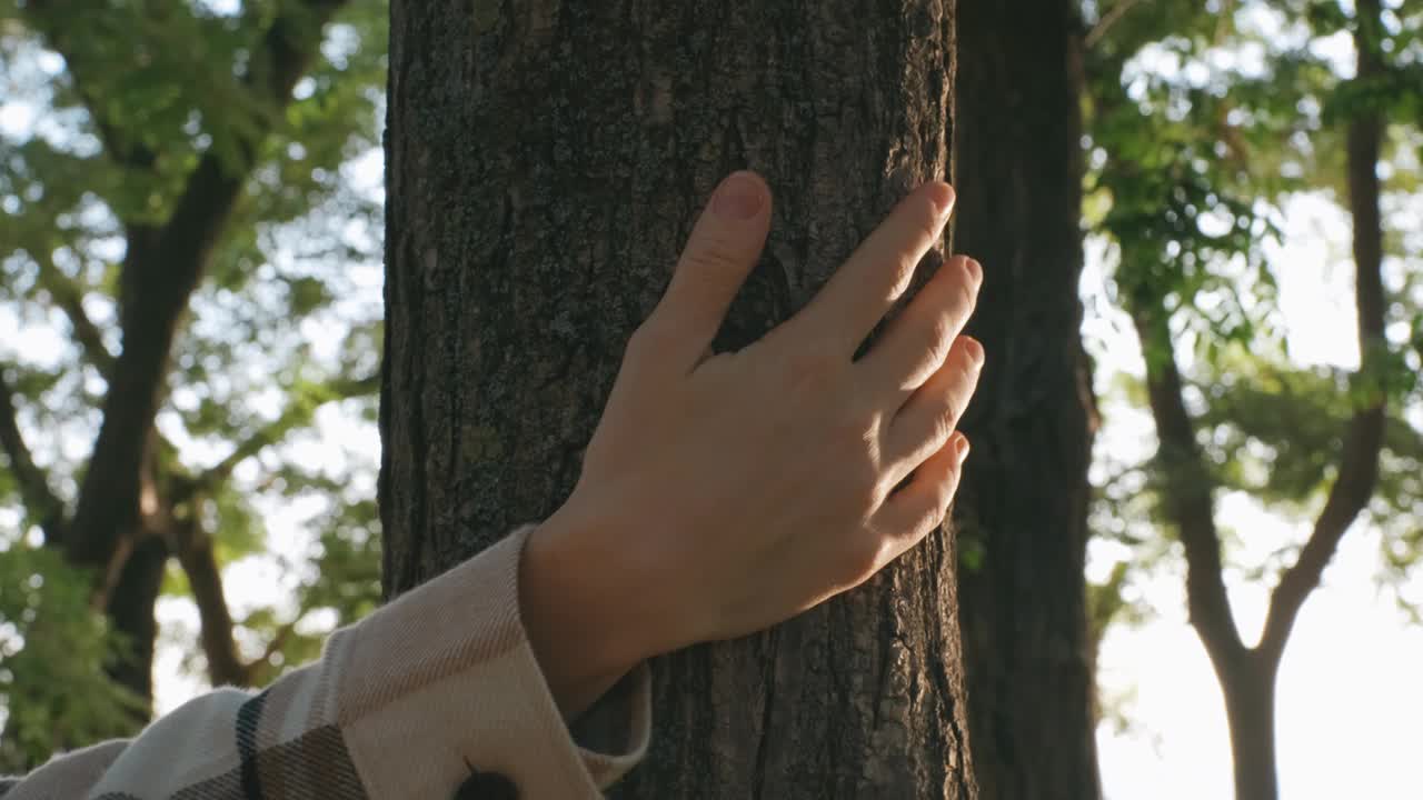 一只女性的手抚摸着森林里的树皮视频素材