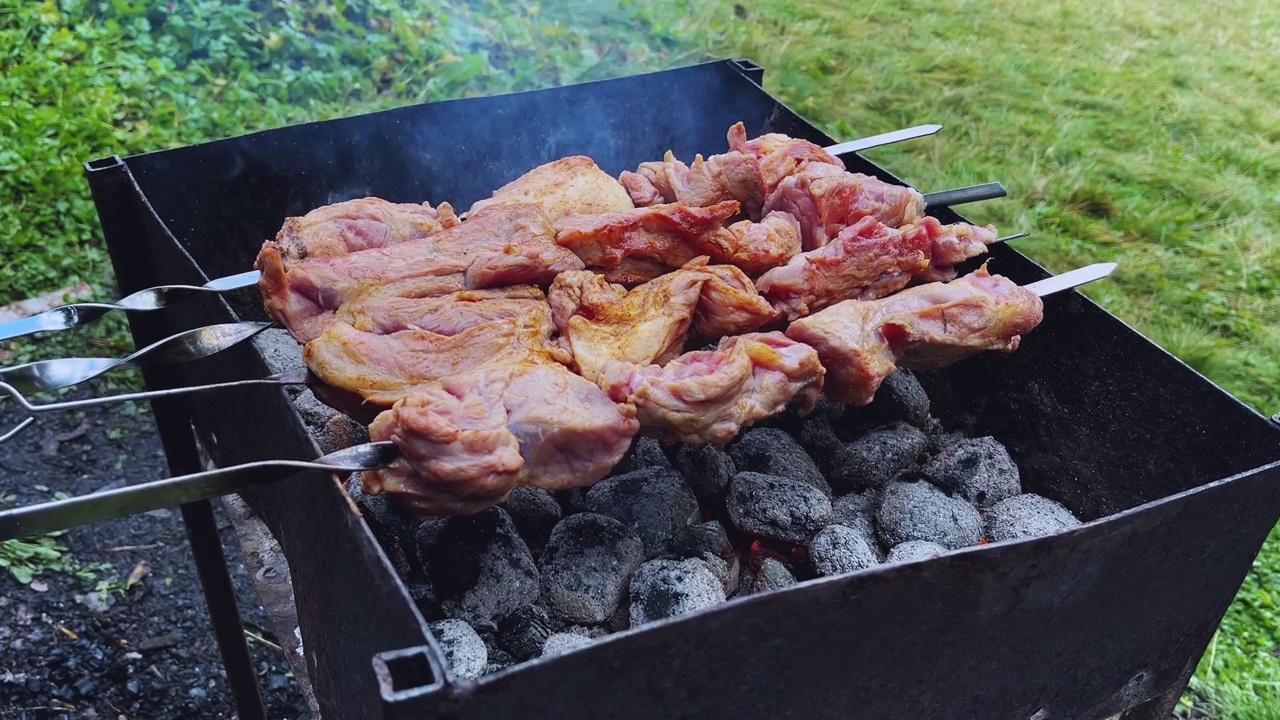 在村里煮肉。在明火上烤猪肉肉串。把酱汁刷在炸好的排骨上视频下载