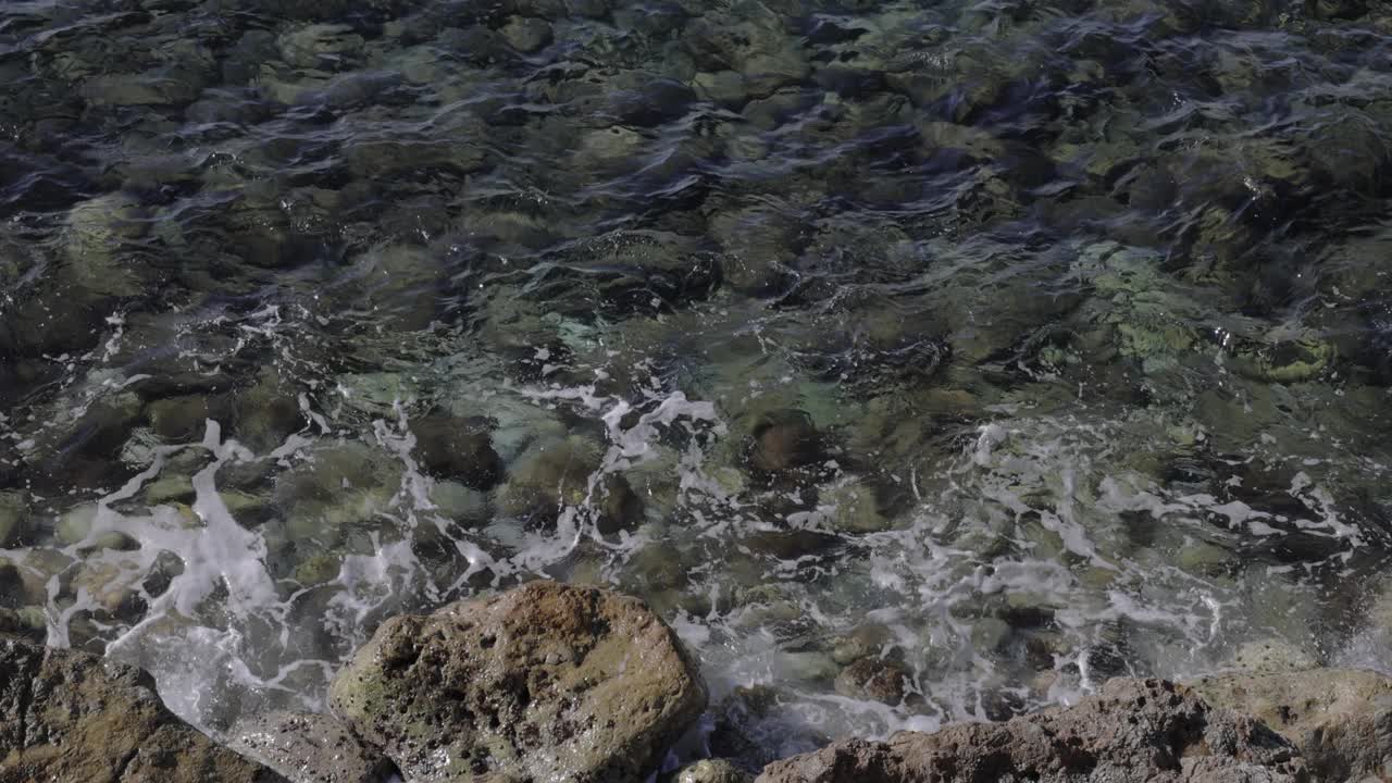 鸟瞰图，蓝色的海浪在底部的石头上视频下载