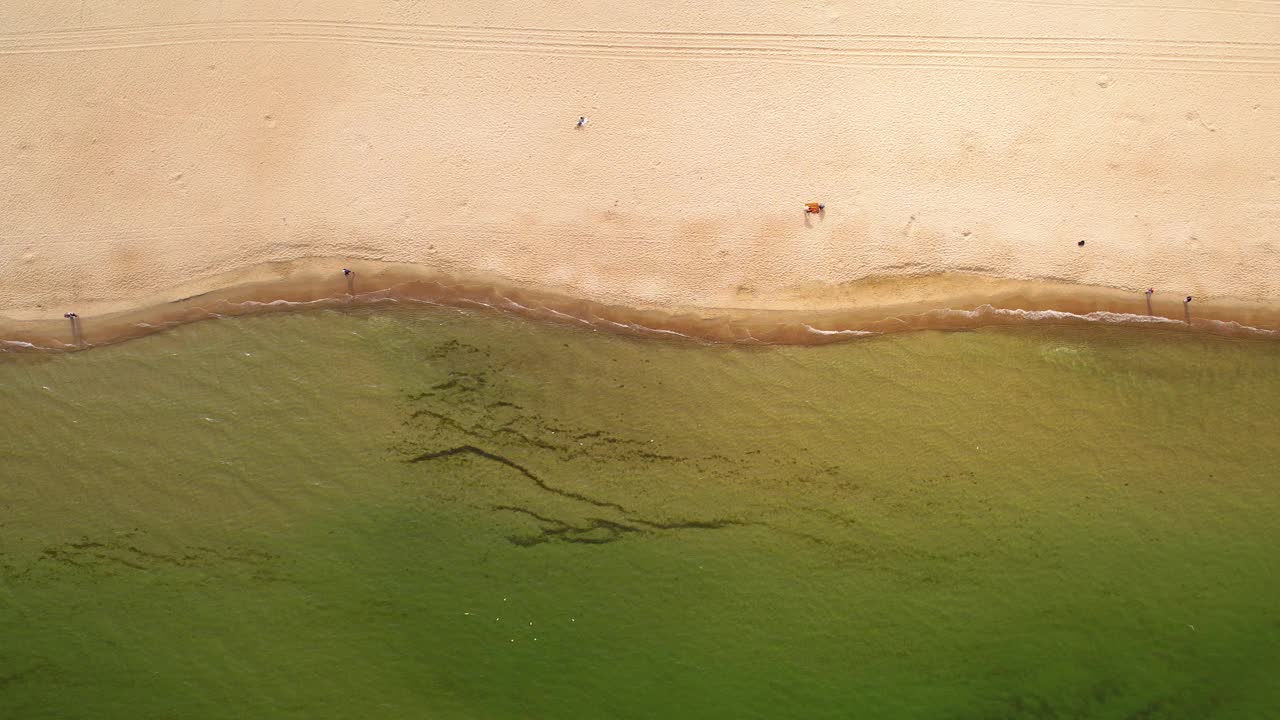 平静的海水冲刷着金色的沙滩海岸线，朋友们沿着海岸散步，无人机自上而下视频素材