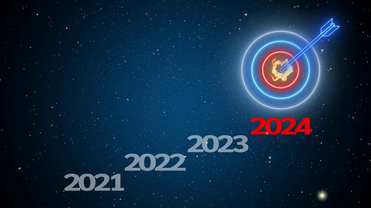 发光的霓虹线字的新年2024与蓝色箭头和射箭目标在空间背景。成长的商业、投资、金融与创新、成功的商业策划理念。视频素材