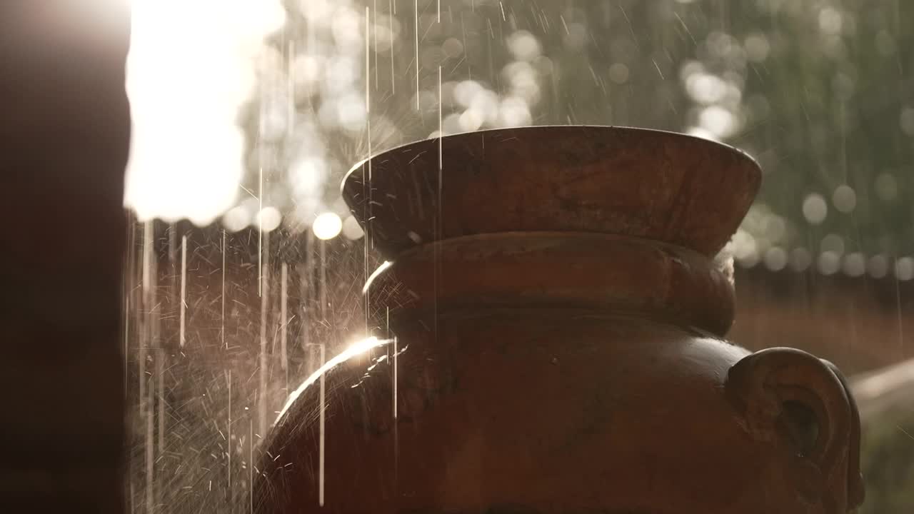雨水落在罗马双耳罐上视频下载