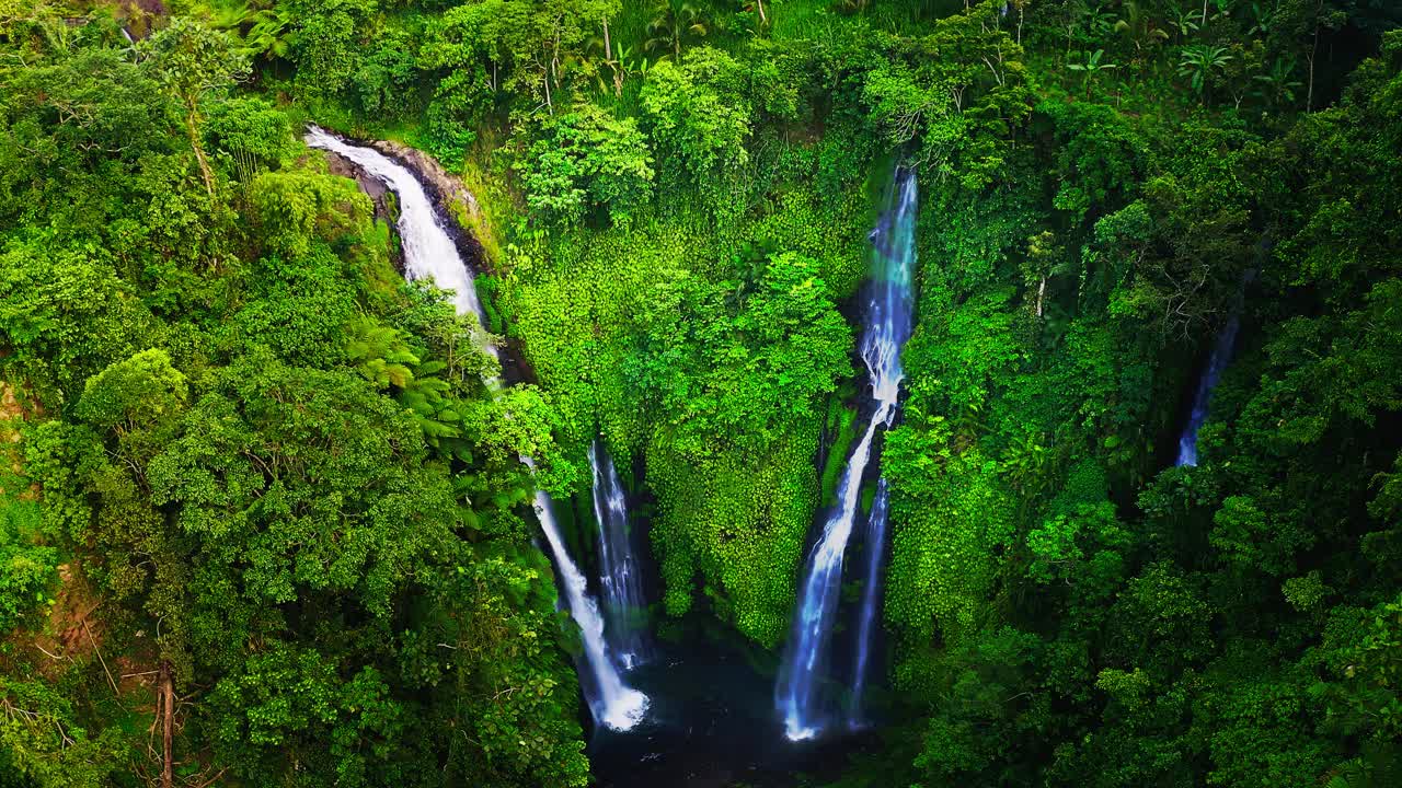 令人叹为观止的斐济瀑布在巴厘岛郁郁葱葱的绿色雨林山谷。视频素材