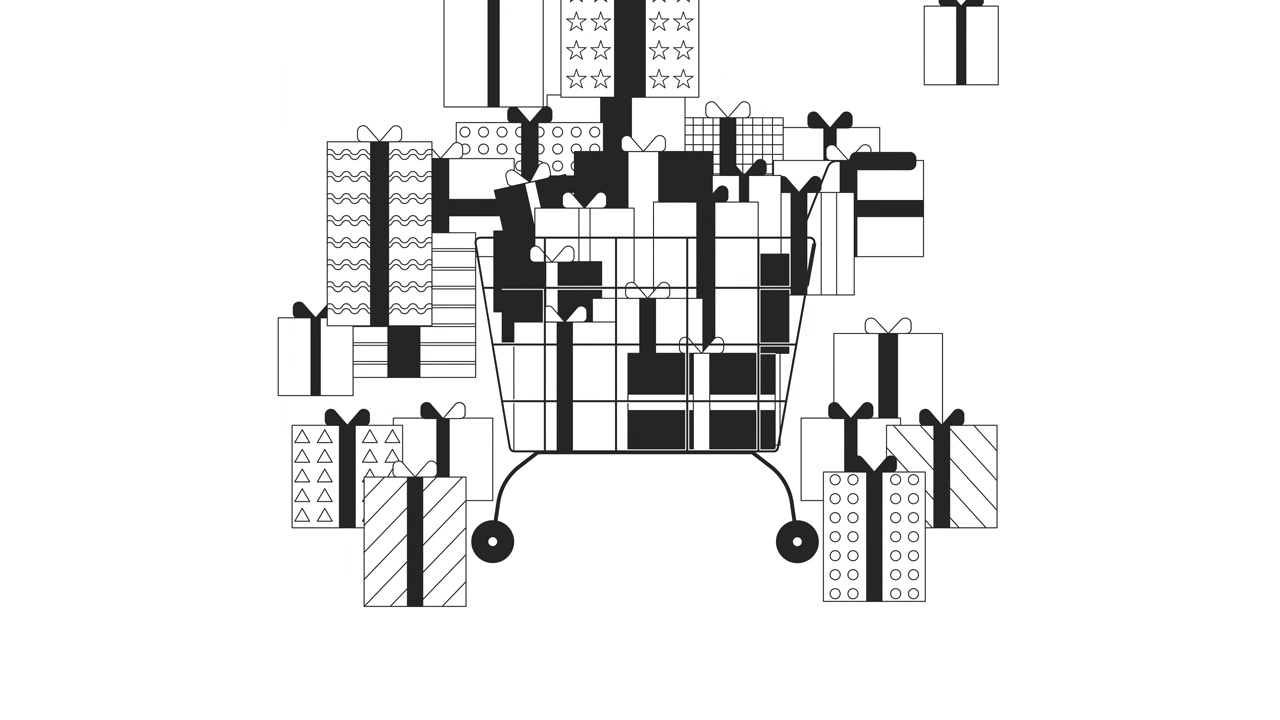 购物车里满是礼物，还有2D物体动画视频素材