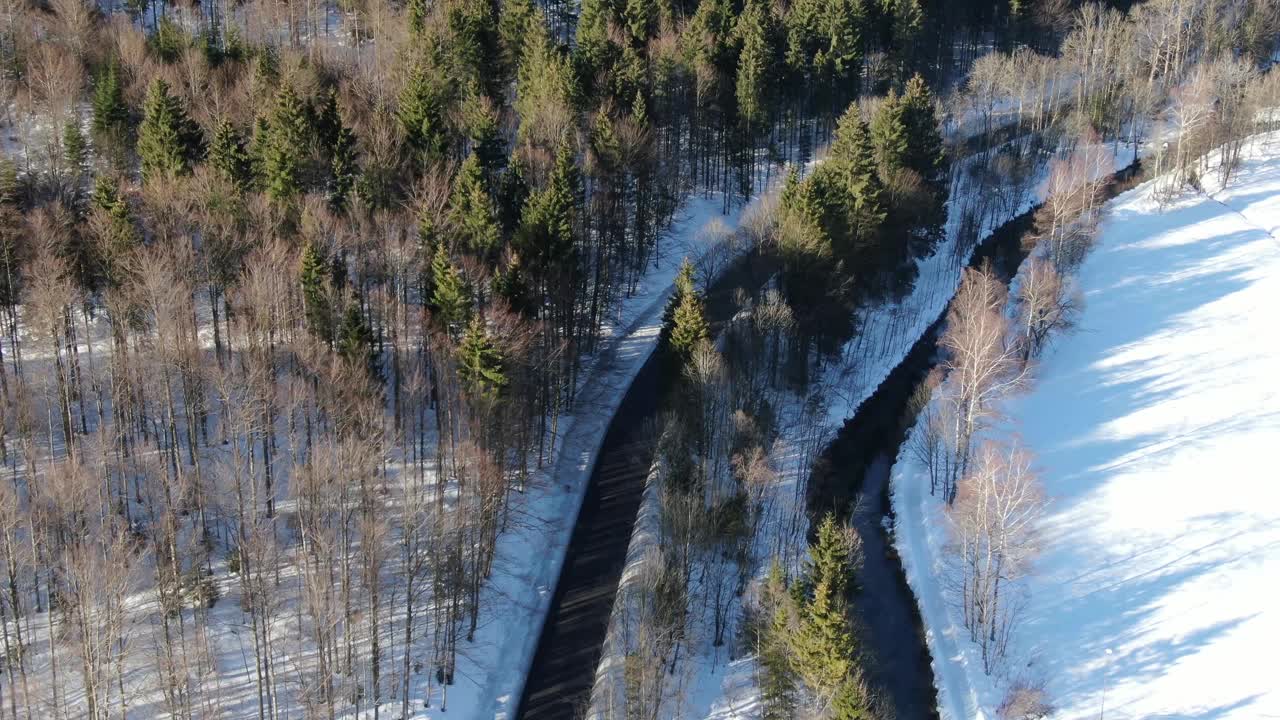 清晨森林里的大溪流伴着雪，航拍画面是4k视频素材