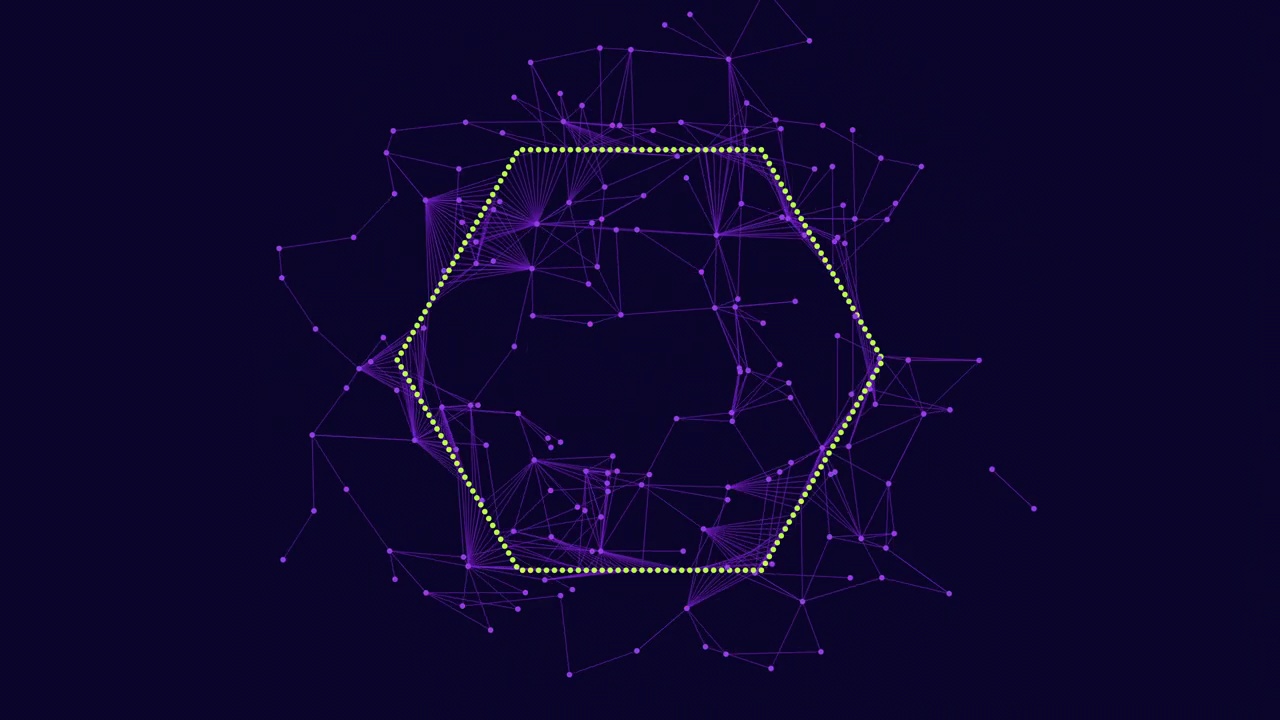 六角形网络，紫色的点由绿线连接视频素材