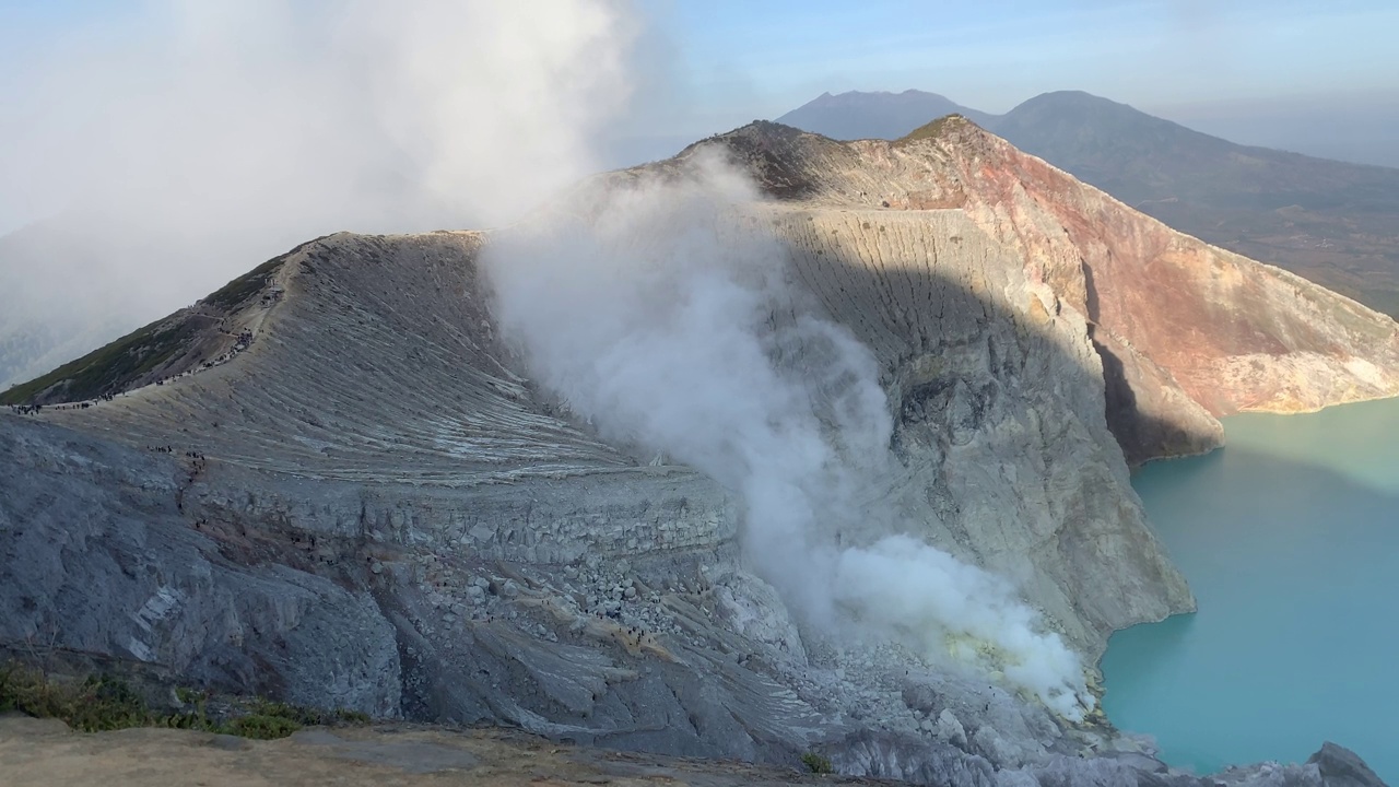 日出后，卡瓦伊真火山口火山的岩石悬崖与绿松石硫磺湖水。印尼东爪哇的旅游景点。自然景观背景。视频下载