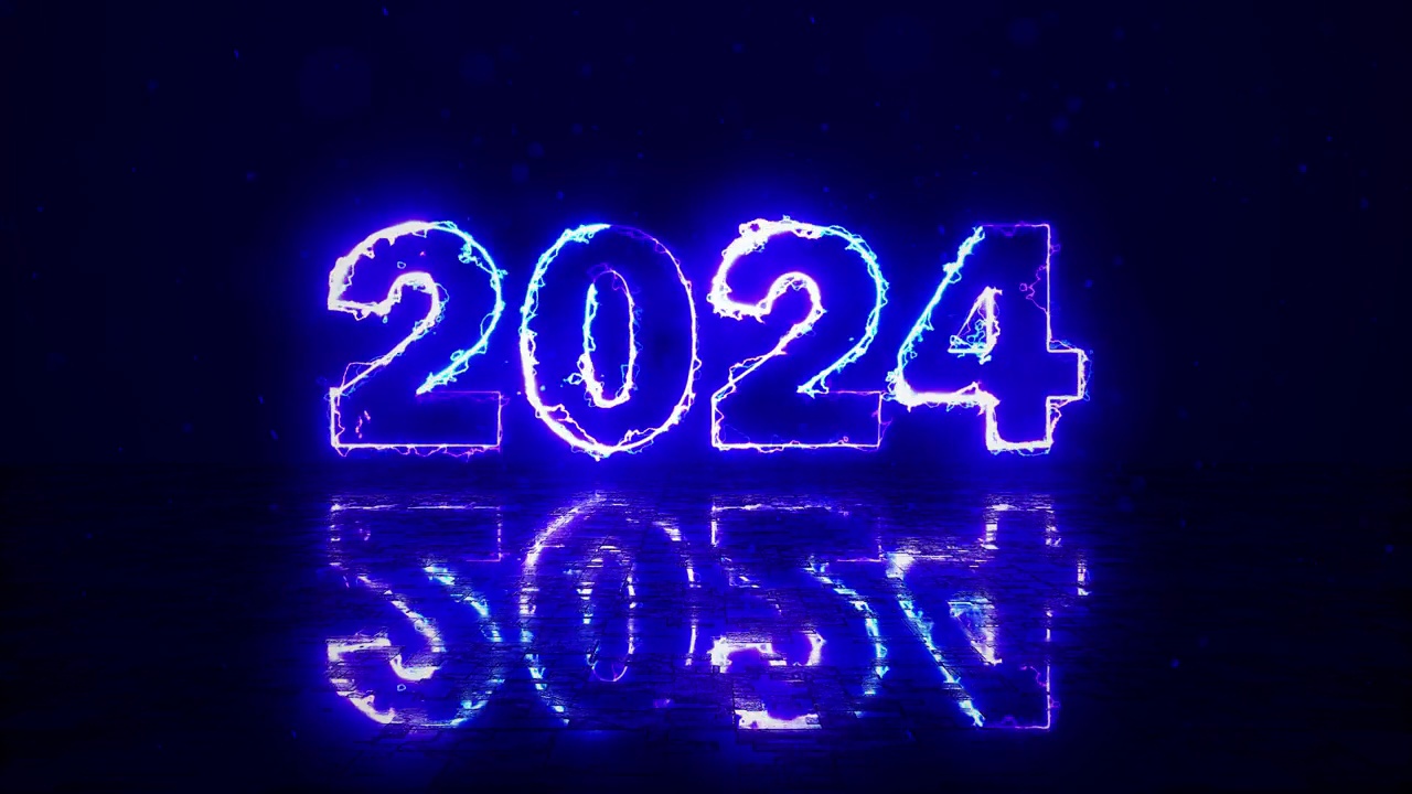 2024年霓虹动画新年快乐。明亮的多色发光数字2024在蓝色背景上闪烁闪烁。用彩色的霓虹灯发光的派对。新年背景。视频素材