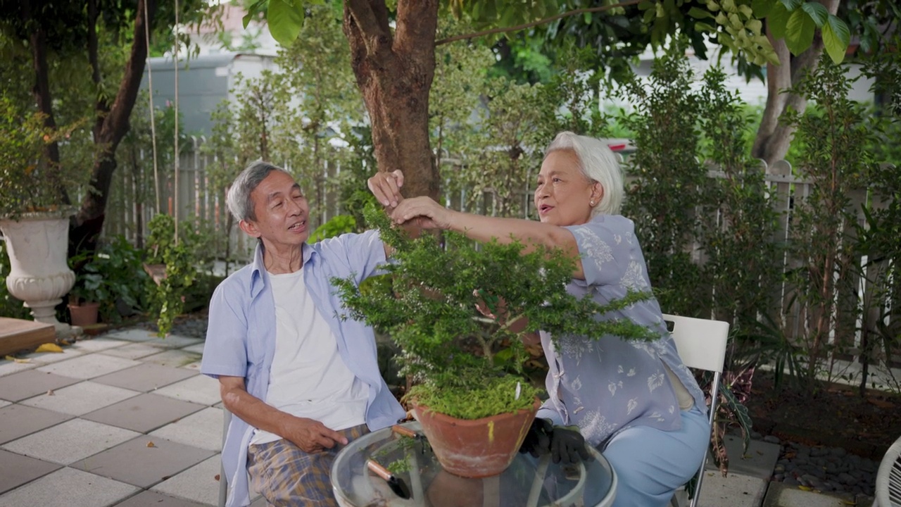 亚洲老年夫妇喜欢在家中打理室外植物花园视频素材