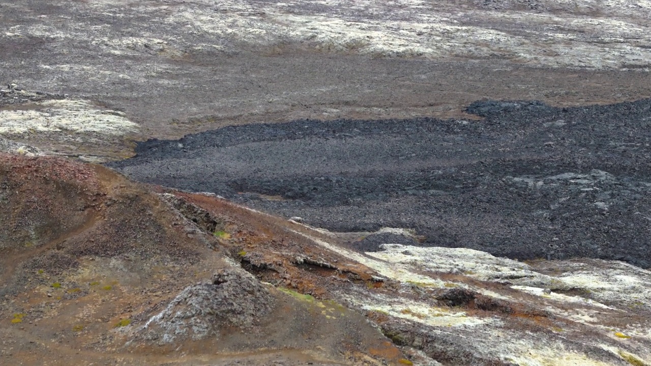 冰岛熔岩地形，徒步旅行者探索火山景观。空中的立交桥视频素材