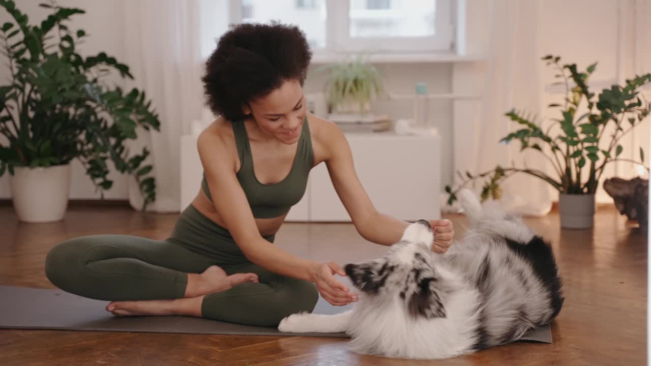 运动的黑人妇女和她的狗在垫子上玩耍视频素材