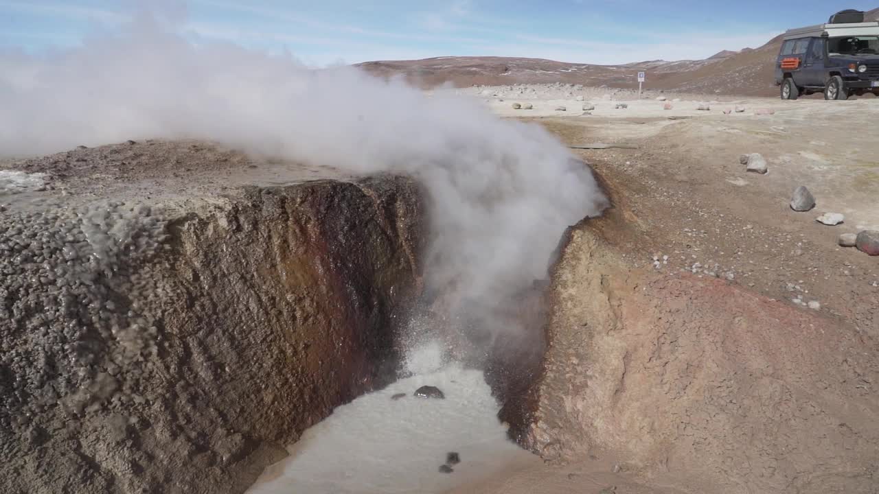 火山活动与喷气孔和泥坑的索尔德马纳纳间歇泉在安第斯高原在玻利维亚。视频素材