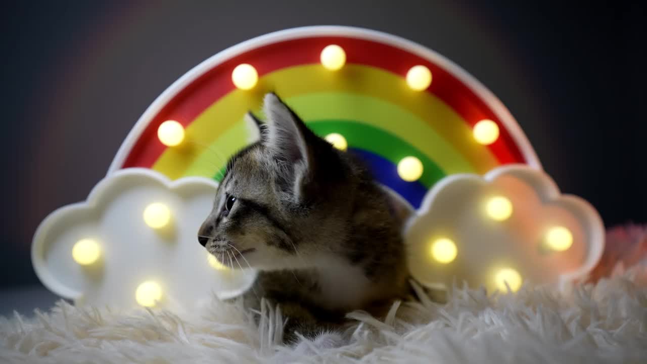 彩虹灯附近顽皮的小猫视频素材