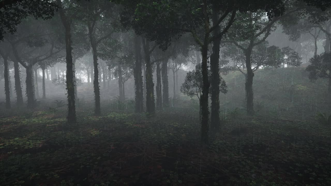 清晨的雨落在森林里视频素材