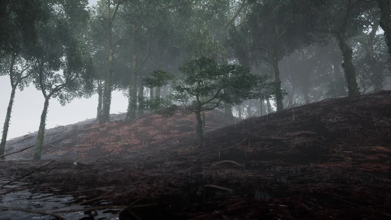 清晨的雨落在森林里视频下载