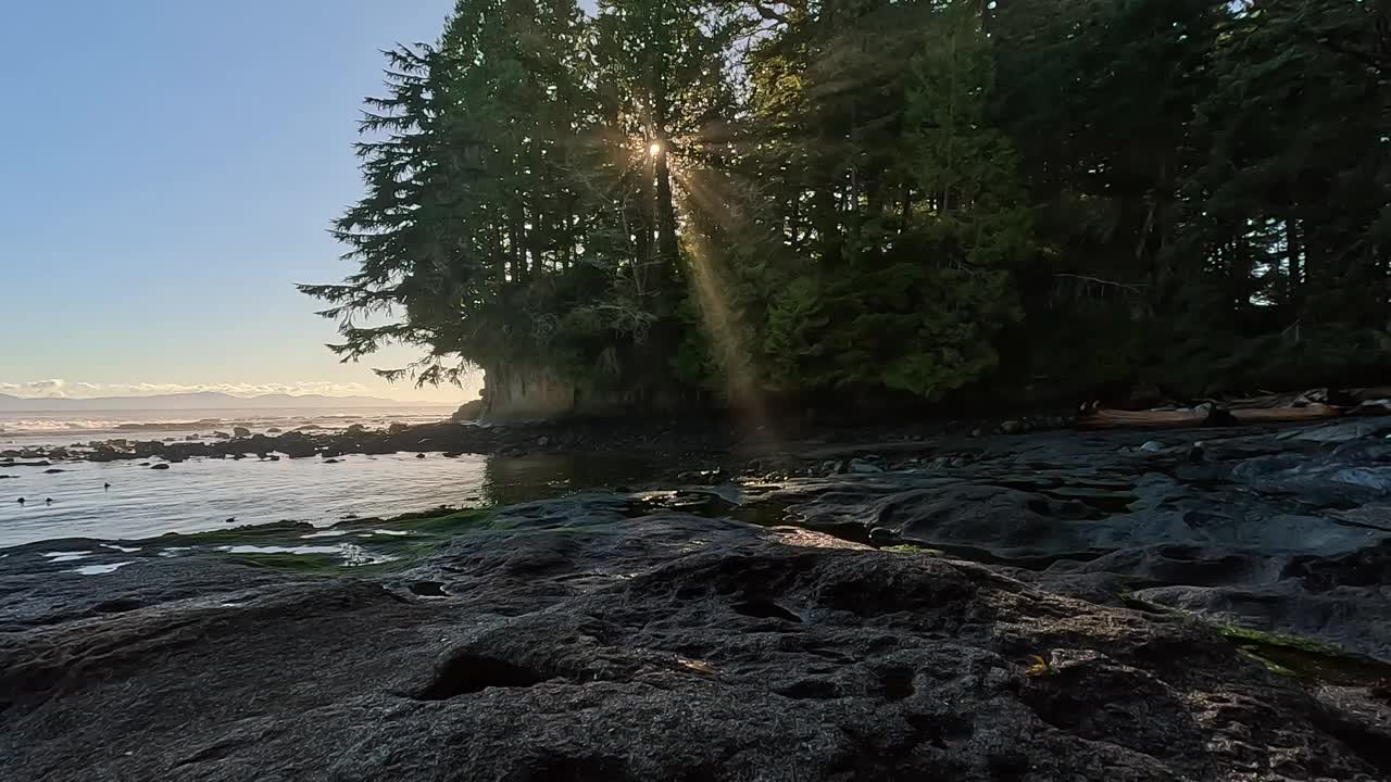 太平洋沿岸的岩石海岸。阳光灿烂的日落。温哥华岛，卑诗省，加拿大。视频素材