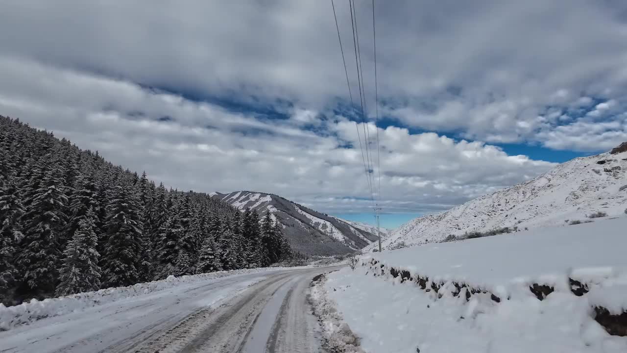 雪道穿过冬季的山林视频素材