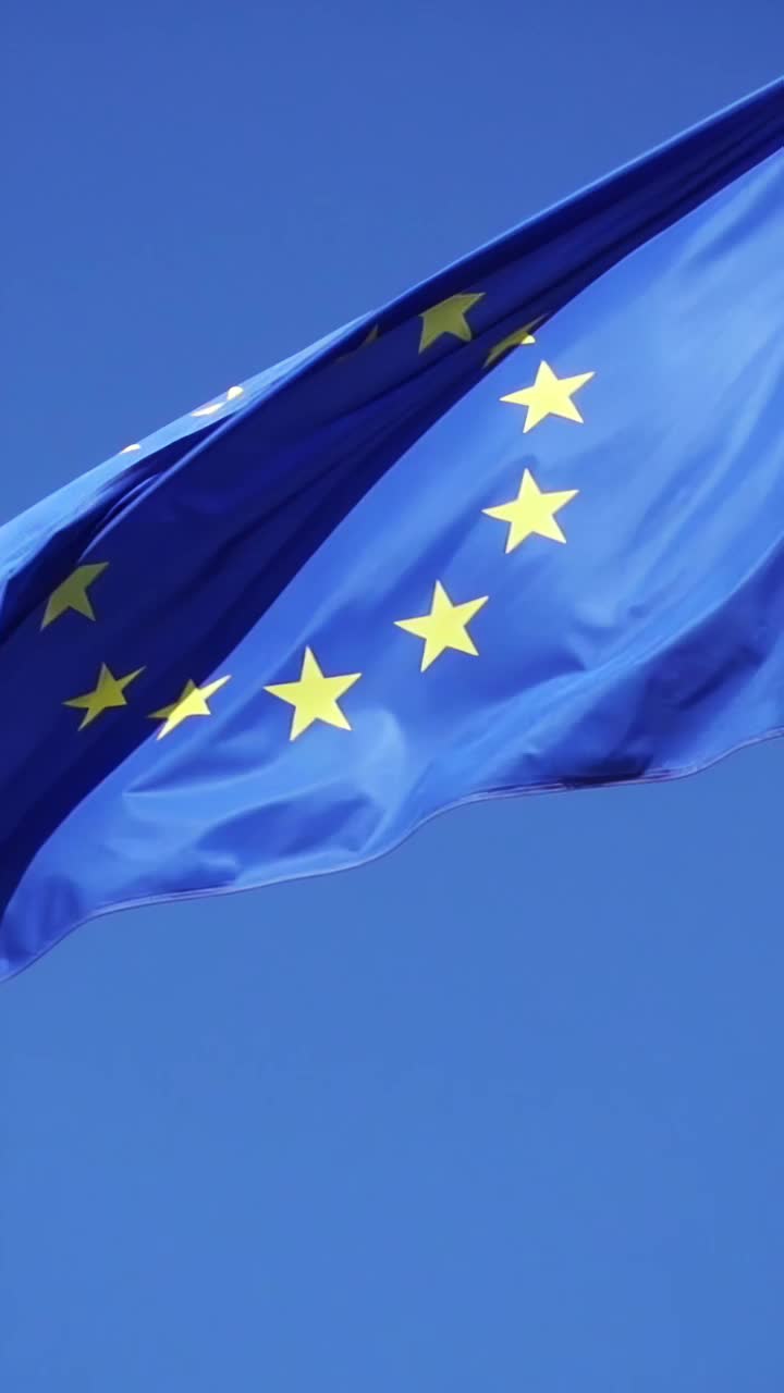 缀有金色星星的欧盟旗帜迎风飘扬，映衬着蔚蓝的晴空视频素材