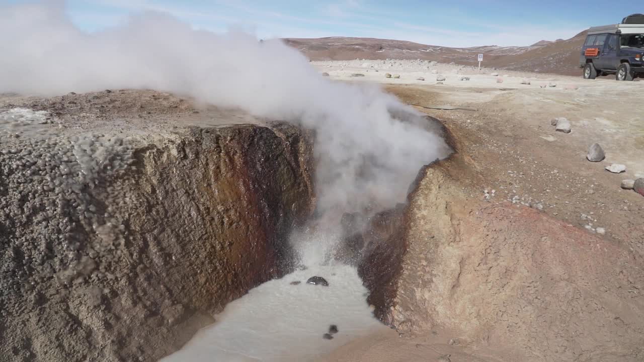 火山活动与喷气孔和泥坑的索尔德马纳纳间歇泉在安第斯高原在玻利维亚。视频素材